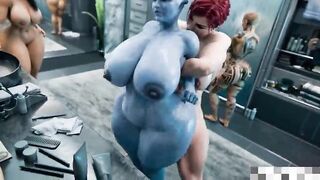 Comandante Futa macetando a alien azul no vestiario com todos olhando - Mass Effect - CG - animação