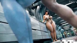 Comandante Futa macetando a alien azul no vestiario com todos olhando - Mass Effect - CG - animação