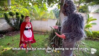 Little Red Riding Hood lost a fruit from her basket and is looking for it in the wolf's panties.