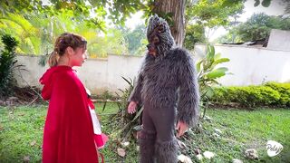 Little Red Riding Hood lost a fruit from her basket and is looking for it in the wolf's panties.