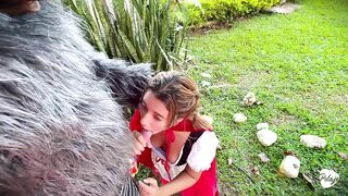 Little Red Riding Hood lost a fruit from her basket and is looking for it in the wolf's panties.