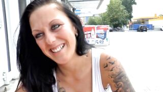 Tattooed hotty snatch banging large penis sucking in the camper
