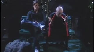 Golden-haired in leather unfathomable mouths white dong then gets drilled on sofa