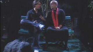 Golden-haired in leather unfathomable mouths white dong then gets drilled on sofa