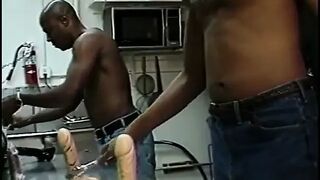 Lewd blond in nylons fucked into ass by ebony dick