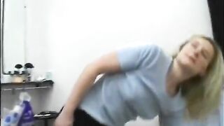 Stockinged golden-haired masturbating previous to sucking and riding casting agent's cock
