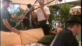 Breasty babydoll golden-haired sucks man's schlong then bows over for doggy-style bang