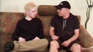 Blond twink and man in cap have a 3some with a hot golden-haired floozy
