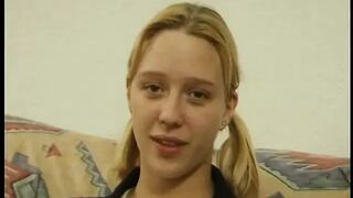 Blond teen with tiny titties gets undressed at casting
