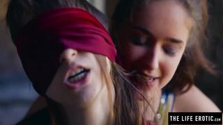 Lesbian blindfolds and coerces a straight girl to masturbate