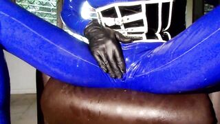 masturbation in my blue latex catsuit with condom