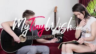 Darksome-haired teen in hot socks desires to learn how to play guitar, ends up enjoying anal