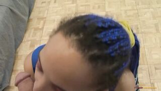 Girl with blue hair and femdom streak is striking some cruel ballbusting on that loser