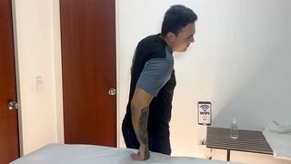 Tiny Oriental woman with large melons and a large butt gives a massage, with cum in her vagina - creampie