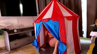 Hawt and sexually excited brunette hair floozy likes to give creamy and oily handjobs to schlongs in a tent within a uniform miniskirt