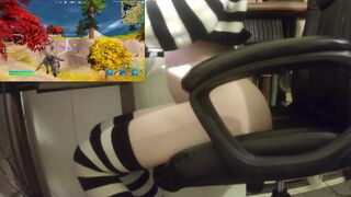 Femboy rides thrusting buttplug during the time that playing fortnite