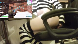 Femboy rides thrusting buttplug during the time that playing fortnite