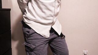 Hopeless and chained man wets his panties