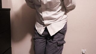 Hopeless and chained man wets his panties