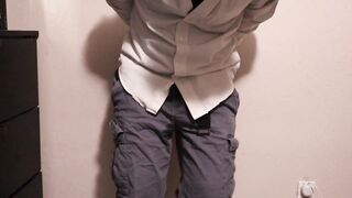 Hopeless and chained man wets his panties