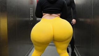 Large Booty Lalin girl in Constricted Yellow Leggings Dancing in the Elevator