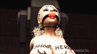 Belt-on attack! Lewd lesbo golden-haired wench in restraints gets screwed hard