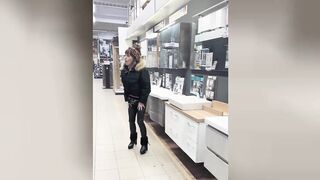 Remote e-stim on Transsexual beauty ramrod! Painful teasing in public!