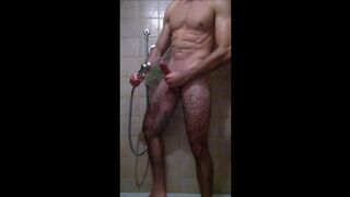 Hot shower with glad ending playing with the showerhead on my glans