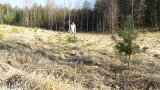 Outdoor undressed walking, pissing and spunk fountain