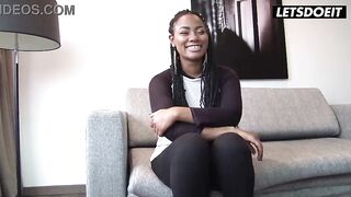 Skinny Curvy Black Latin chick Teases His Knob on the Street, Goes Home to Bang Him... Can't Stop Smiling at His Cock