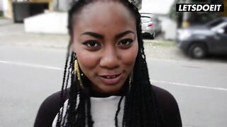 Skinny Curvy Black Latin chick Teases His Knob on the Street, Goes Home to Bang Him... Can't Stop Smiling at His Cock