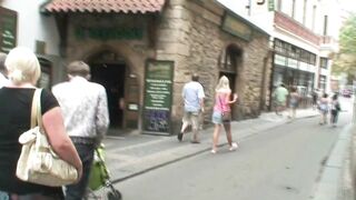 Youthful golden-haired gives her cunt to a vicious grand-daddy in a restaurant and public park