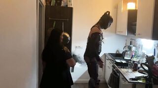 Slaver mother I'd like to fuck Stretches Latex Sub's Booty Wide in Kitchen