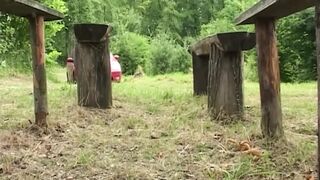 Golden-haired Masturbates Hard with Purple Sextoy Outdoors