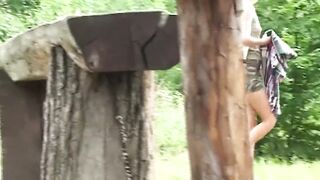 Golden-haired Masturbates Hard with Purple Sextoy Outdoors