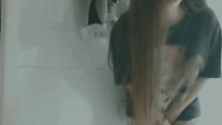 concupiscent gal listening goth for her parents dont listen to her moanings , masturbation at the shower