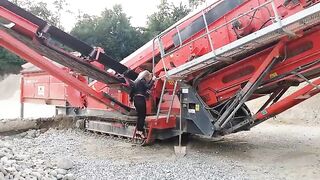 Granny is walking around in a gravel pit wearing sheer leggings!