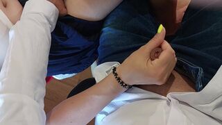 Masturbating at school beneath the table with the aid of classmate! Filled her hand with Cum!