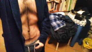 Bushy chap jerks off and cums after getting without the shower