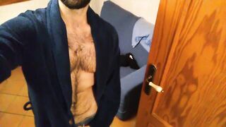 Bushy chap jerks off and cums after getting without the shower