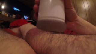 Plump hunk cums giant in his toy
