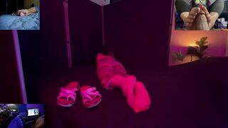Prepping for episode shoot with foot model background noise raw footage
