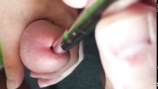 Virgin tries sounding with a 12mm urethral sound