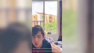 Shaved twink sucks his str8 weenie and screws his butt when his family is not at home