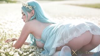 A blue-haired elf hotty got lost in a flower field. I showed her the way with my large ebony dick! My ally joined me and we tore her elven pink holes!! The field full of flowers turned into a field of