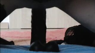 Zicken cunt squirt riding on large Ebony Sex toy