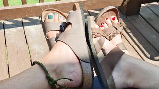 Showing off our pedicured toes and different sandals for u to jerk off your meat and shoot all over 'em
