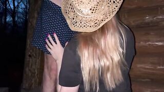 A preggo milkmaid is screwing a town stud outside a barn