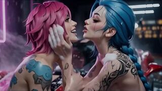 Jinx and Vi Washing the Red Ferrari Juicy and Soapy
