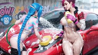 Jinx and Vi Washing the Red Ferrari Juicy and Soapy
